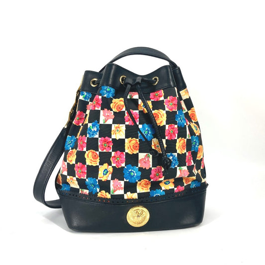 VERSACE Floral Chain Bucket Bag with Drawstring, Crossbody Shoulder Bag in PVC and Leather, Multicolor