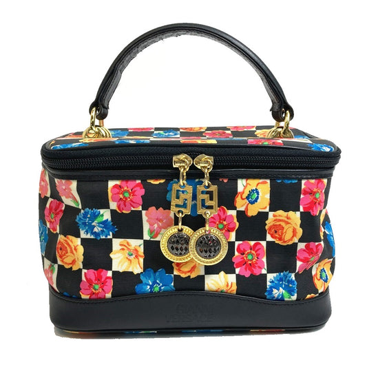 VERSACE 花柄 総柄 フラワー フローラル カバン ハンドバッグ バニティバッグ ナイロン/レザー レディース ブラック×マルチカラー