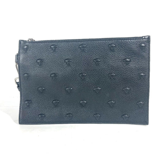 VERSACE Medusa Pouch Bag Strap Clutch Bag Leather Unisex Black