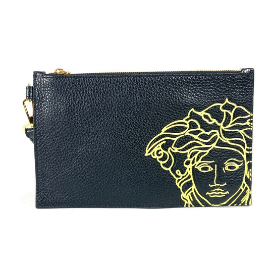 VERSACE ポーチ カバン ロゴ メデューサ ストラップ付 クラッチバッグ レザー ユニセックス ブラック - brandshop-reference
