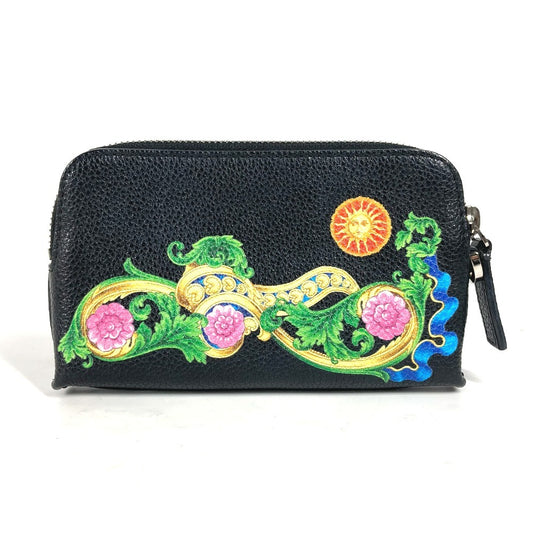 VERSACE ロゴ 大き目 財布 小銭入れ ラウンドファスナー コインケース レザー ユニセックス ブラック - brandshop-reference