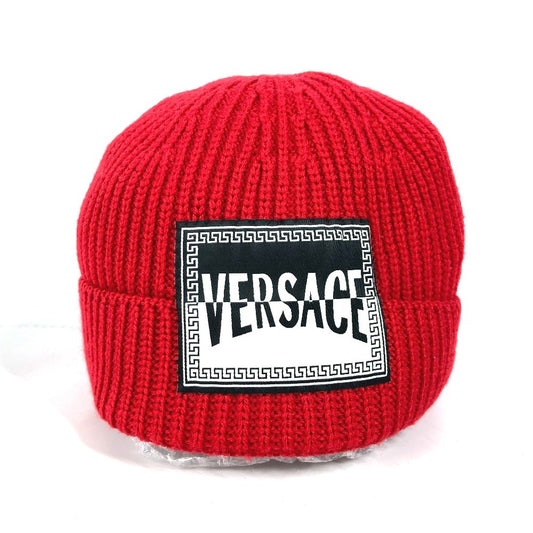 VERSACE Logo Beanie Hat, Knit Cap, Wool, Unisex, Red