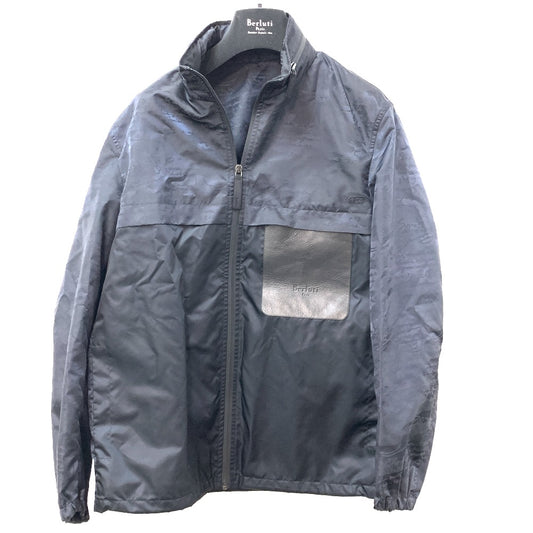 Berluti Men's Navy Nylon Zip-Up Hoodie with Calligraphy Print