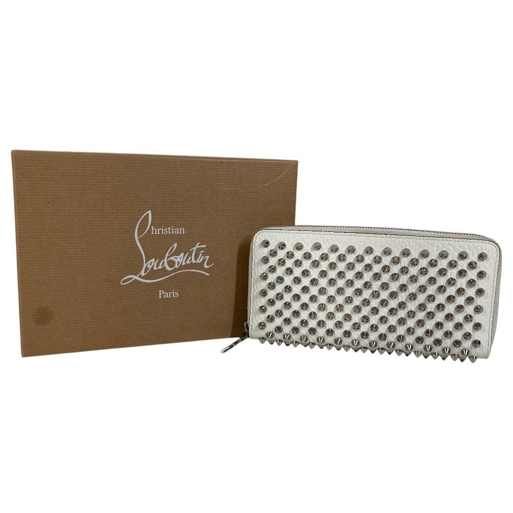 Christian Louboutin 3205076 Studded Long Wallet Round Zipper Leather Unisex White