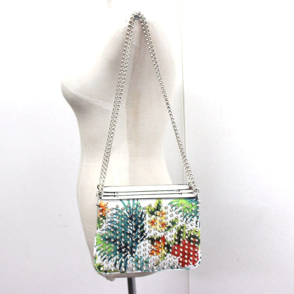 Christian Louboutin Botanical Pattern Spike Studs Crossbody Chain Shoulder Bag in Patent Calf Leather, Women's, White