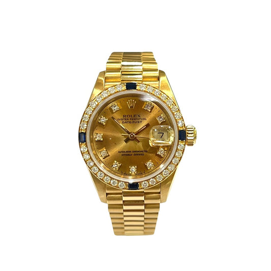 ROLEX 69088 デイトジャスト K18無垢 10Pダイヤ ベゼル ダイヤモンド×サファイア 自動巻き 腕時計 K18YG レディース ゴールド