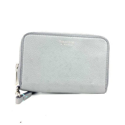 TIFFANY&Co. Smartphone pouch Card Case Business card holder Pass case logo Zip Around Pouch Leather gray Used