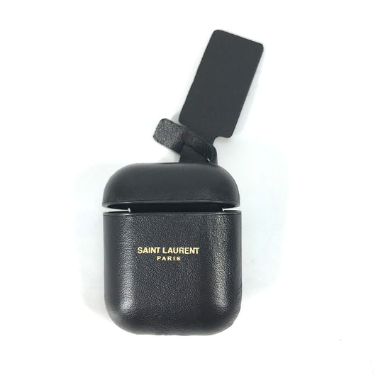 SAINT LAURENT PARIS 635662 AirPods Apple Earphone Logo Case with Keychain, Leather, Black, Women's