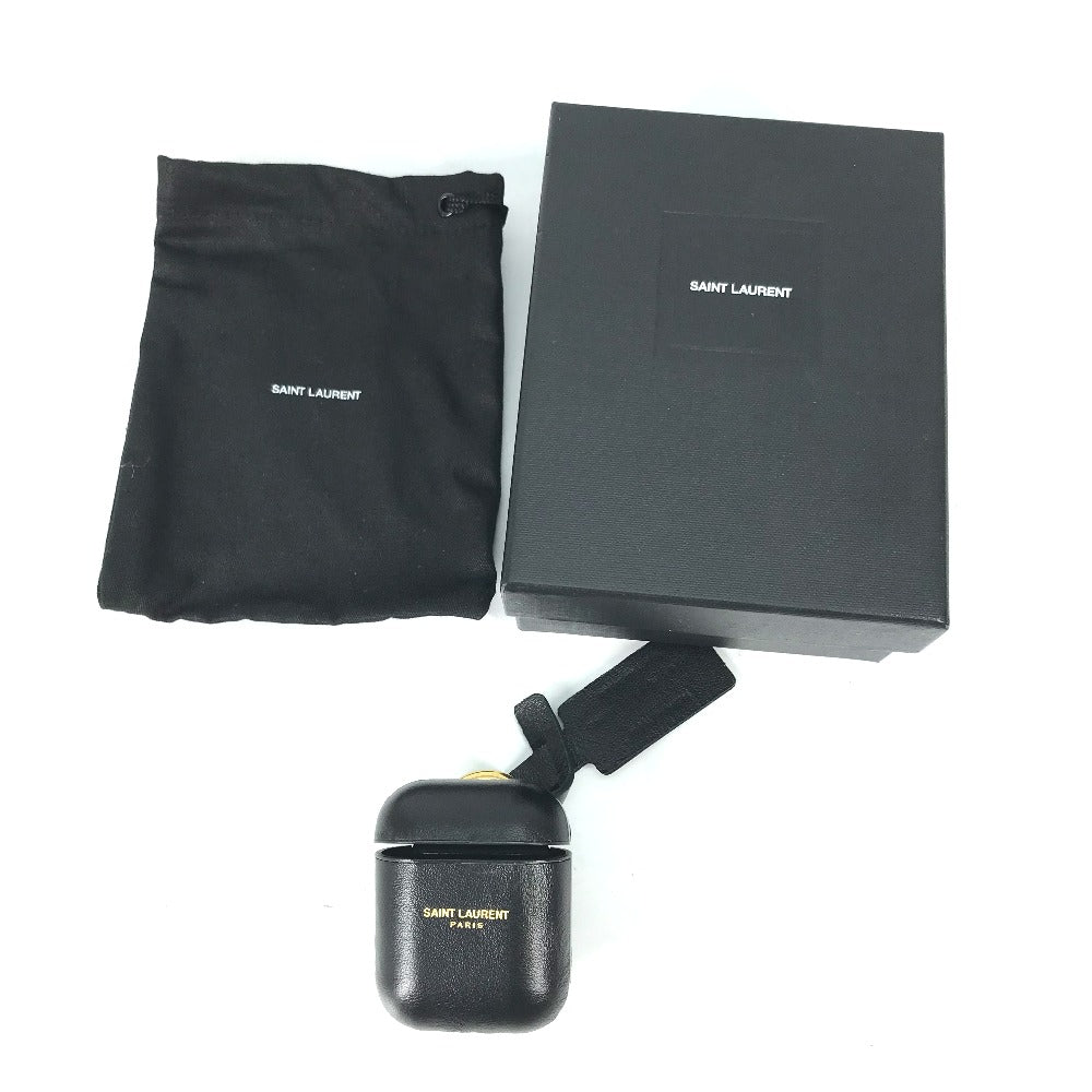 SAINT LAURENT PARIS 635662 AirPods Apple Earphone Logo Case with Keychain, Leather, Black, Women's