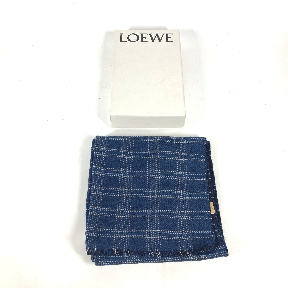 LOEWE アナグラム チェック フリンジ マフラー ウール ユニセックス ブルー - brandshop-reference