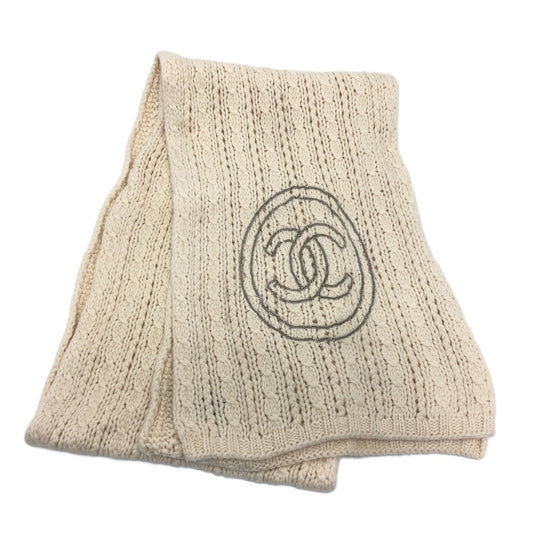CHANEL チェーン ココマーク ニット ケーブルニット 防寒具 ファッション小物 マフラー カシミヤ レディース ホワイト