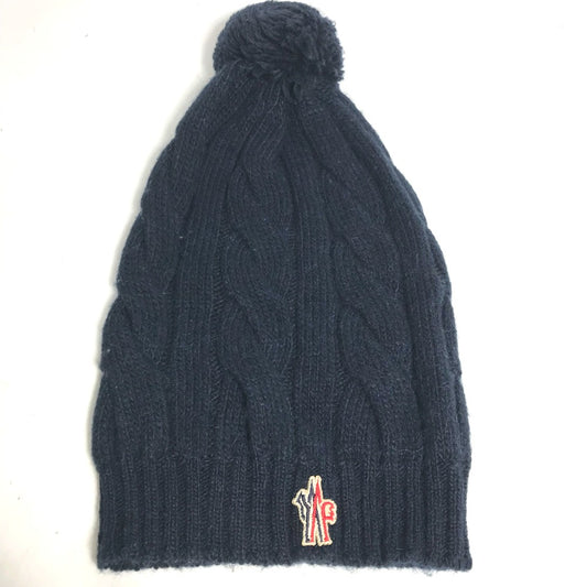 MONCLER Pom-Pom Logo Beanie Hat, Knit Cap, Wool Knit Hat, Women's, Navy