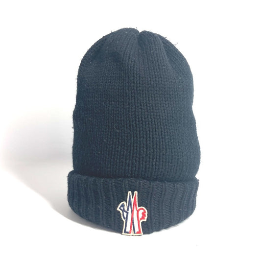 MONCLER ロゴ ワッペン ビーニー 帽子 ニット帽 ニットキャップ ニット帽 ウール レディース ブラック - brandshop-reference