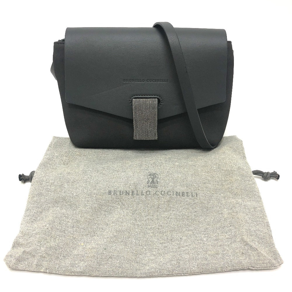 Brunello Cucinelli Metal beads Bag with flap Messenger pouch Shoulder Bag Leather Black Used