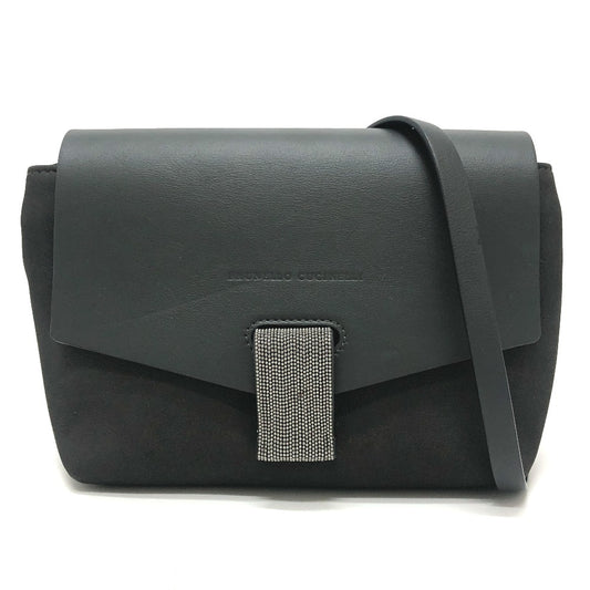 Brunello Cucinelli Metal beads Bag with flap Messenger pouch Shoulder Bag Leather Black Used
