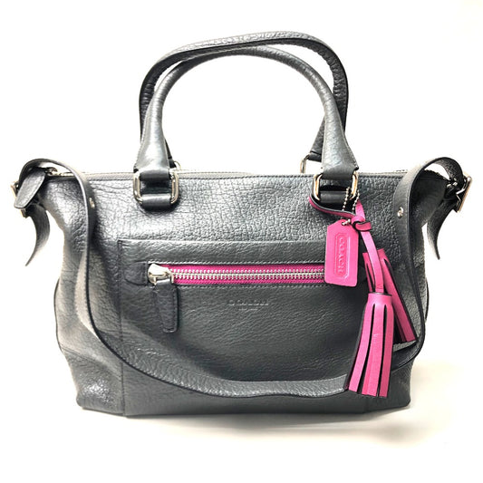 COACH 21140 Textured Legacy Satchel Bag 2WAY Hand Bag Shoulder Bag Leather Charcoal gray gray/Fuchsia pink Used