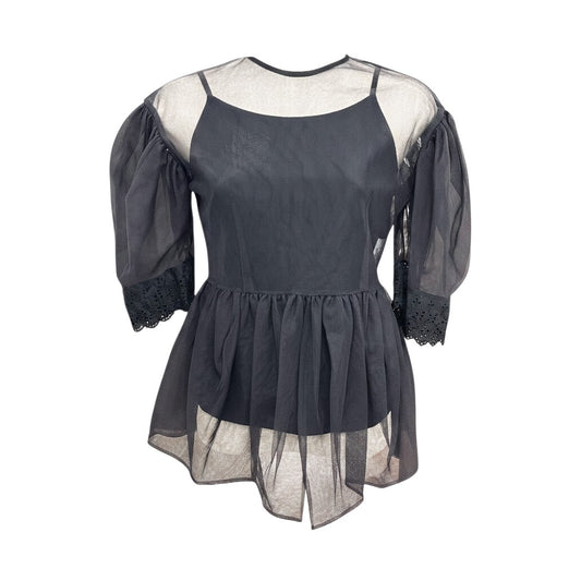LE CIEL BLEU 19A63205 เสื้อยืดแขนสั้นโอเวอร์ไซส์ซีทรูผ้าฝ้ายสีดำสำหรับผู้หญิง