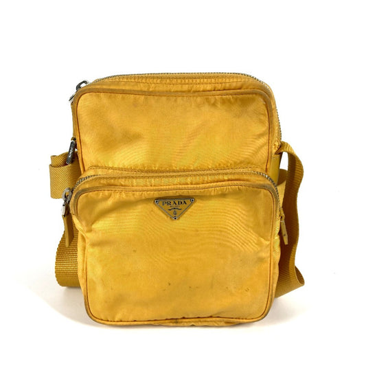 PRADA triangle logo triangle logo plate Bag Pochette Crossbody Shoulder Bag Nylon yellow Used