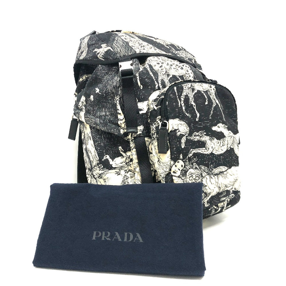 PRADA 2VZ135 アニマル総柄 バックパック カバン バッグ リュックサック ナイロン ユニセックス ブラック