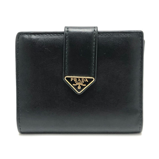 PRADA 1MV204 Triangle Plate Wallet, Mini Wallet, Compact Wallet, Gold Hardware, Bifold Wallet, Leather, Unisex, Black