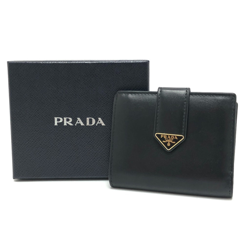 PRADA 1MV204 Triangle Plate Wallet, Mini Wallet, Compact Wallet, Gold Hardware, Bifold Wallet, Leather, Unisex, Black