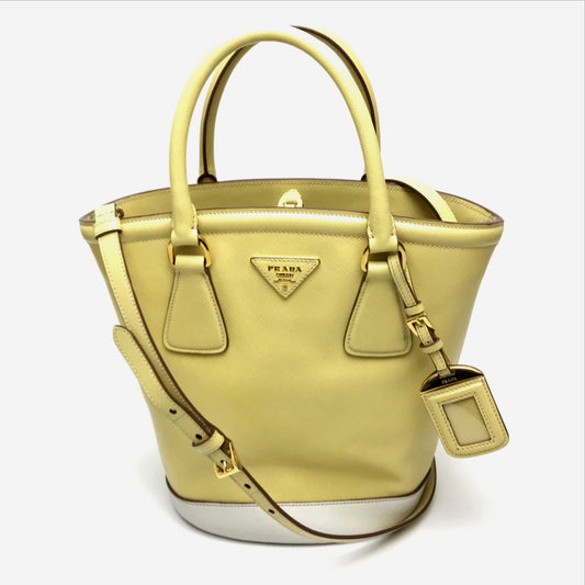 PRADA B2442B Saffiano Lux 2-Way Bag Handbag Logo Shoulder Bag Leather yellow/Off White Used