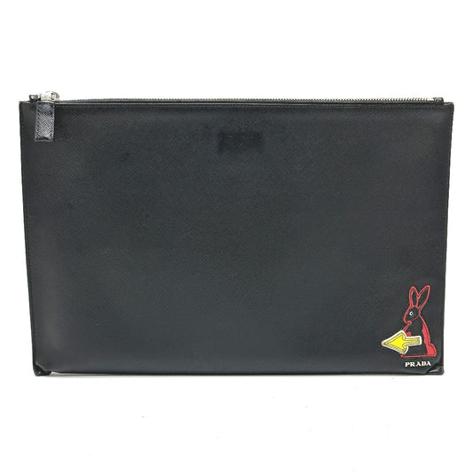 PRADA 2NG001 Logo Rabbit Clutch Bag in Saffiano Leather, Men's, Black