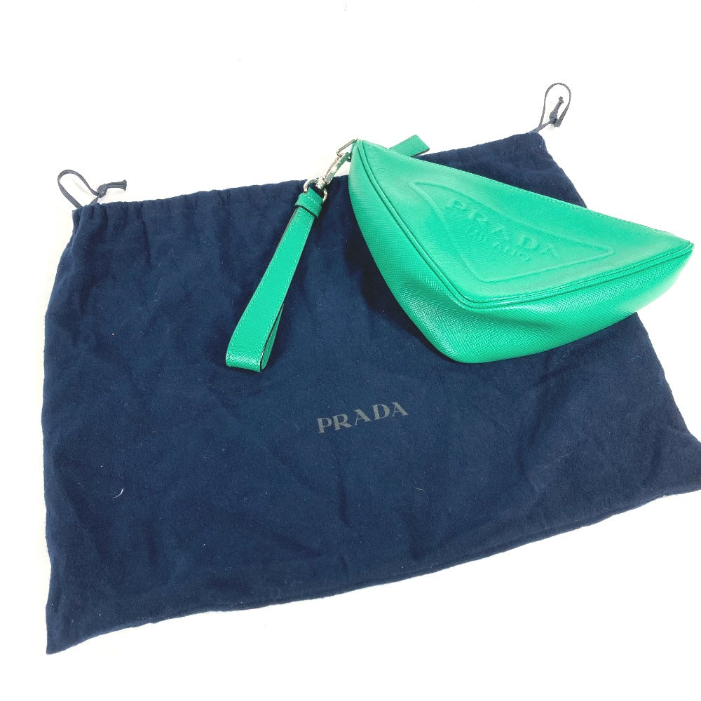 PRADA 2NE054 Embossed Logo Triangle Logo Plaque with Strap, Saffiano Leather Clutch Bag, Green, Men's