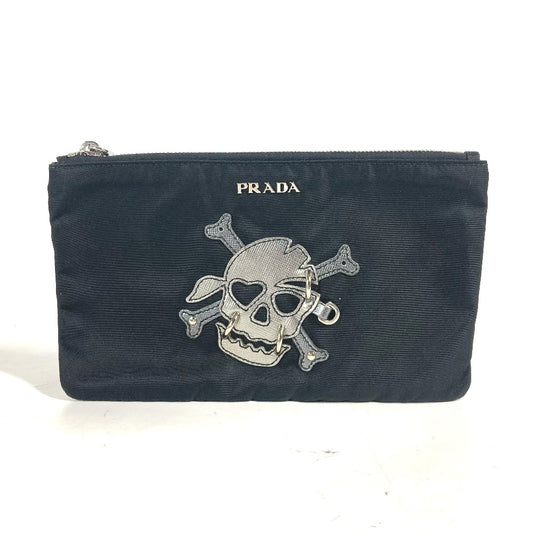 PRADA 2M1214 Makeup Pouch, Skull Design, Clutch Bag, Nylon, Unisex, Black