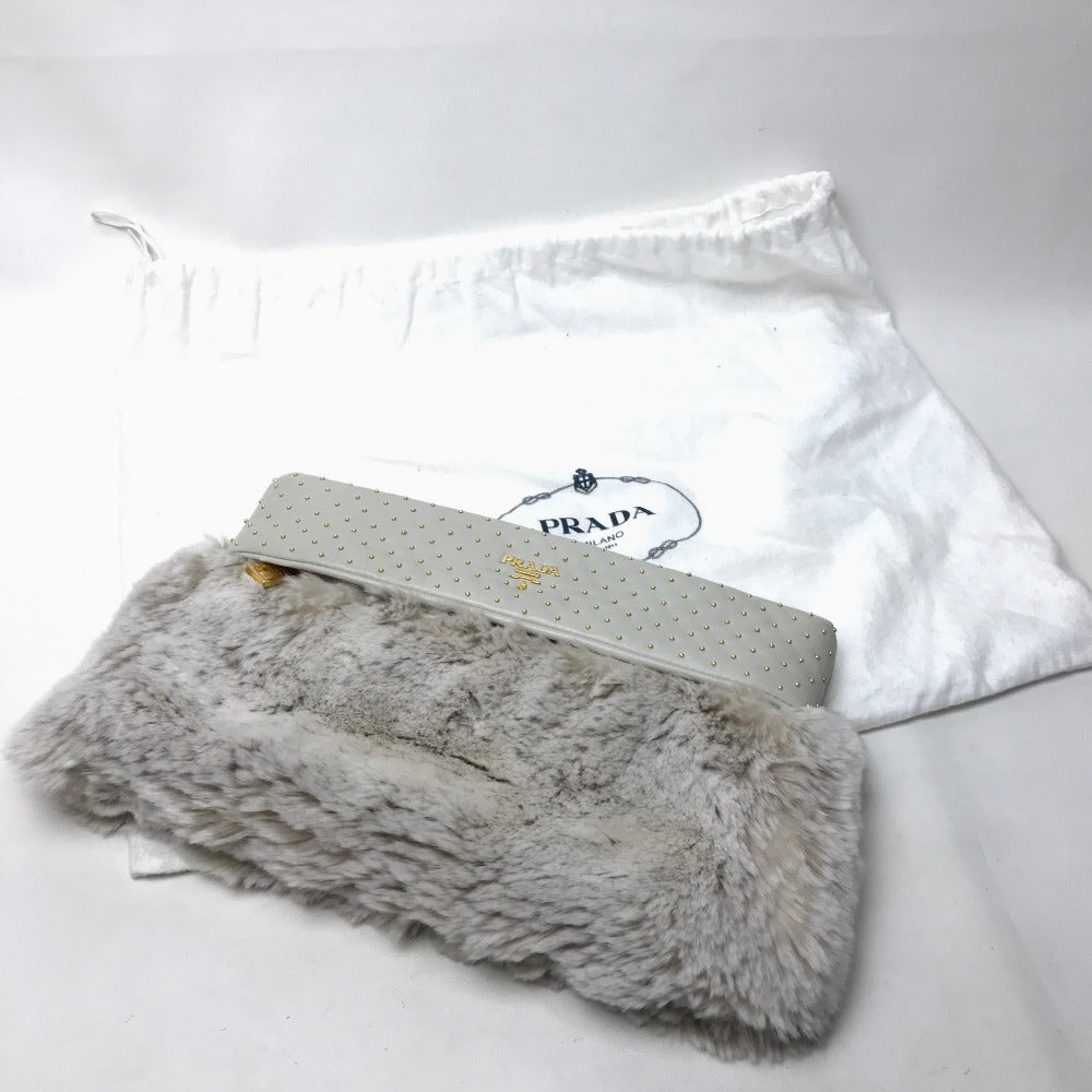 PRADA Fur trim with gold studs bag party bag Clutch bag fur / Leather Off White Used