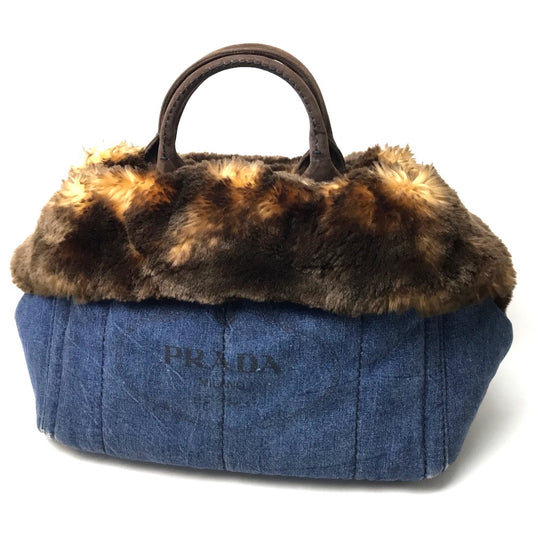 PRADA BN2182 fur-trimmed bag, Canapa, handbag, tote bag, denim, women's, blue