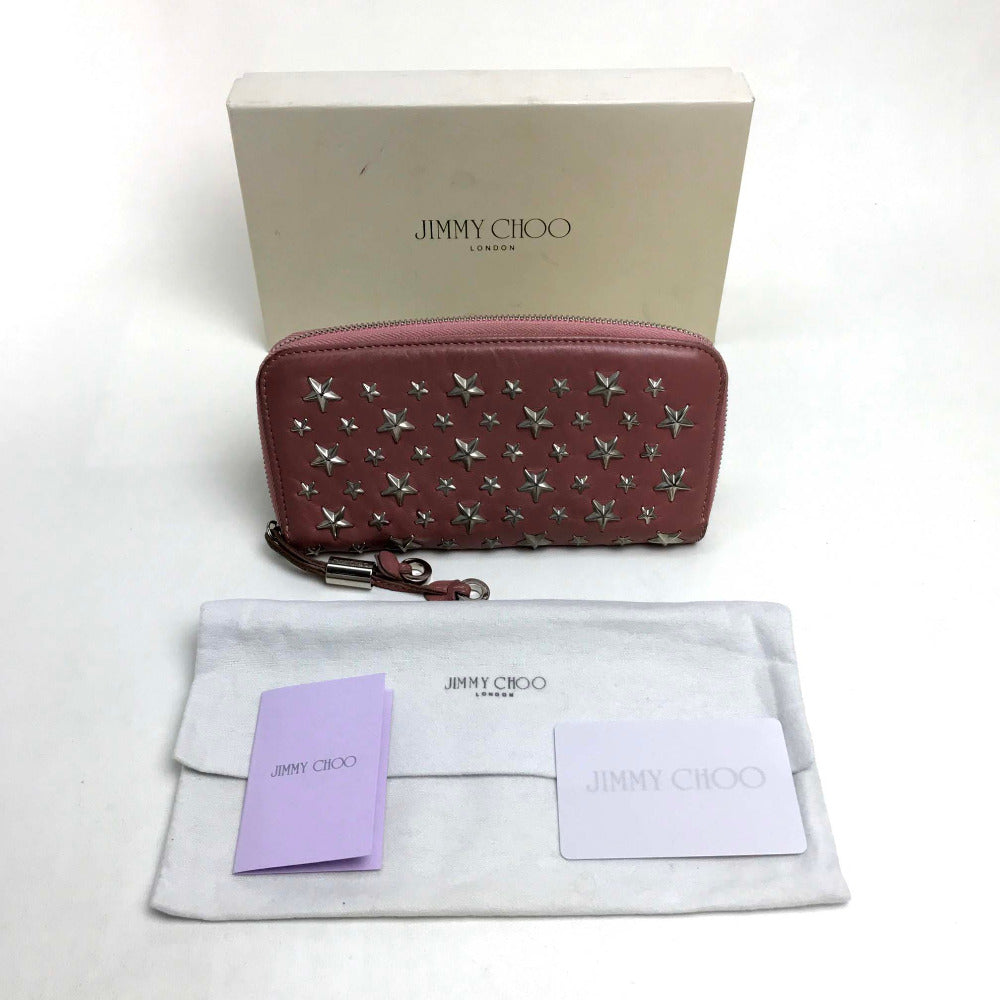 JIMMY CHOO Star Studs Round Zip Long Wallet, Lamb Leather, Women's, Rose Pink