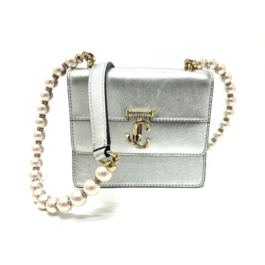 JIMMY CHOO Avenue Quad Faux Pearl Chain Shoulder Bag in Silver Leather