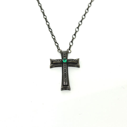 VARTIX K10 Black-Finished Cross Emerald and Black Diamond Chain Necklace, K10, Unisex, Black