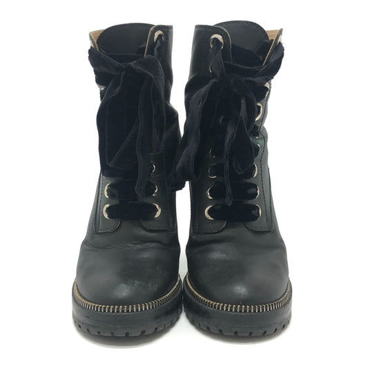 Sergio Rossi Velvet Ribbon Lace-up Leather Boots Shoes Short Boots Leather Women's Black