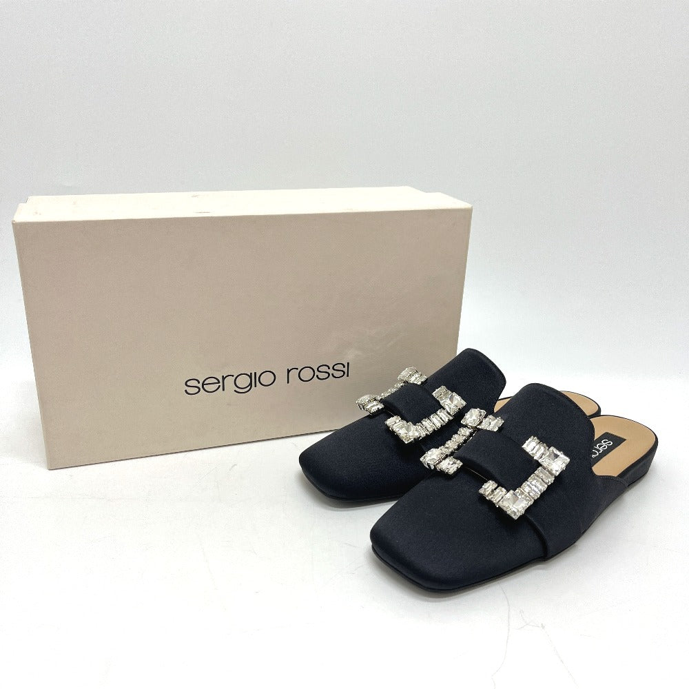 Sergio Rossi A96600 รองเท้าแตะส้นแบนประดับอัญมณี ผ้าซาติน สีดำ สำหรับผู้หญิง
