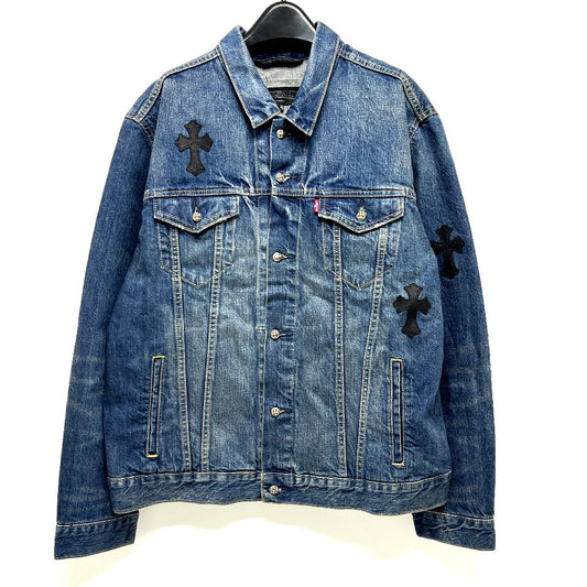 CHROME HEARTS Levi's VNTG Leather Cross Patch Denim Jacket, Vintage Levi's Cemetery Cross Patch Apparel, Men's Blue Denim Jacket