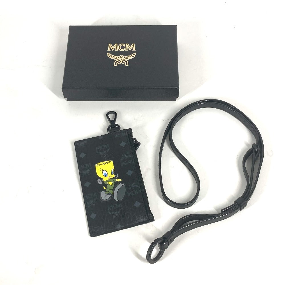 MCM Looney Tunesコラボ ヴィセトス トゥイーティー 財布 小銭入れ フラグメントケース ネックストラップ付き コインケース レザー レディース ブラック