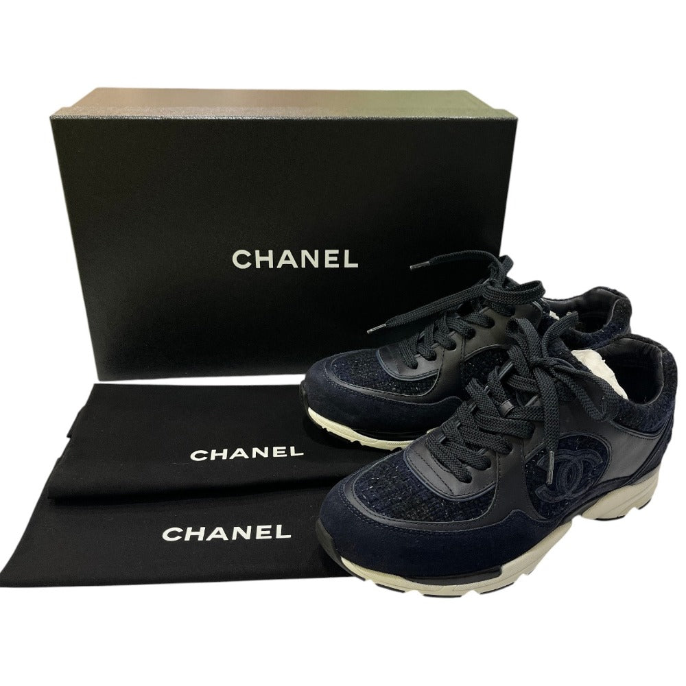 CHANEL G39066 CC Mark Tweed Shoes Low-cut sneakers tweed / suede blue Used