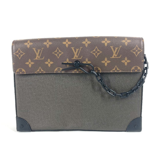 루이비통 M30583 타이가 모노그램 포셰트 스티머 백 파우치 체인 플랩 클러치 백 타이가 가죽 유니섹스 카키