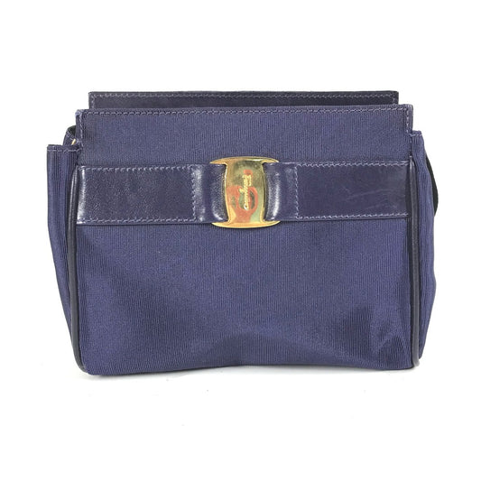Salvatore Ferragamo Vara Ribbon Makeup Pouch Cosmetic Bag Pouch Nylon Women's Blue