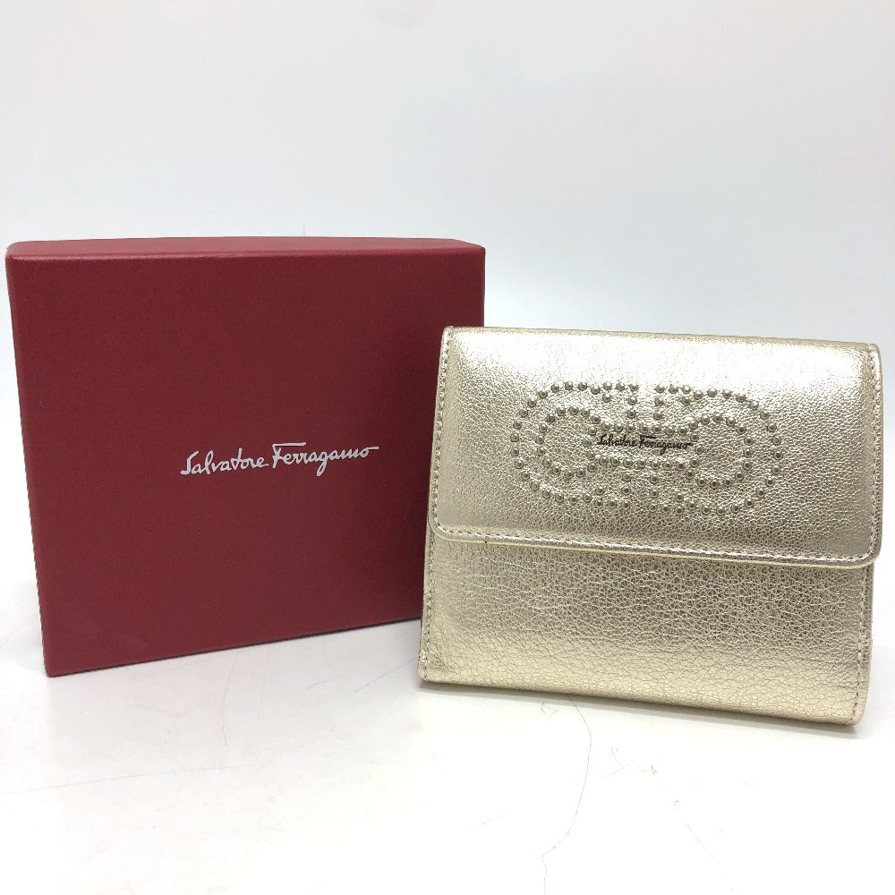 Salvatore Ferragamo ガンチーニ Wホック 財布 ミニウォレット 2つ折り財布 レザー レディース ゴールド - brandshop-reference