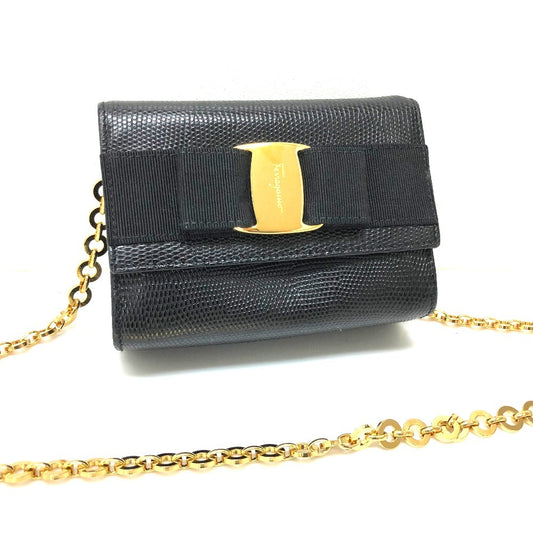 Salvatore Ferragamo Vara Ribbon Mini Pochette, Crossbody Bag, Waist Bag, Clutch, Shoulder Bag, Embossed Leather, Women's, Black and Gold