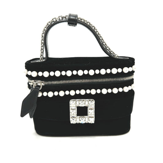 ROGER VIVIER RBWANMH70000LU Crystal and Faux Pearl Vanity Velvet Micro 2-Way Bag, Shoulder Bag, Handbag, Satin, Women's, Black
