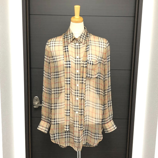 BURBERRY Check Pattern See-Through Blouse/Shirt, Long Sleeve, Cotton, Women's, Beige