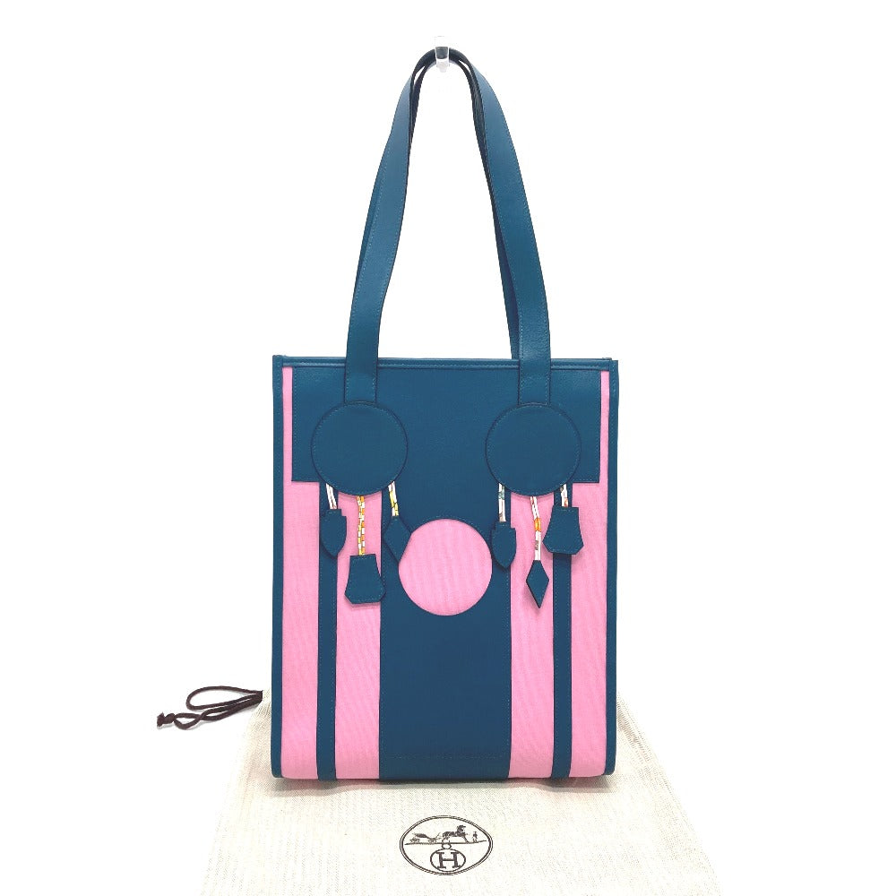 HERMES Petit H Dreamcatcher Shoulder Tote Bag in Leather/Canvas, Navy and Pink