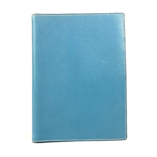 HERMES Globe-Trotter Stationery Bifold Planner Agenda Leather Cover Unisex Blue Jean Blue