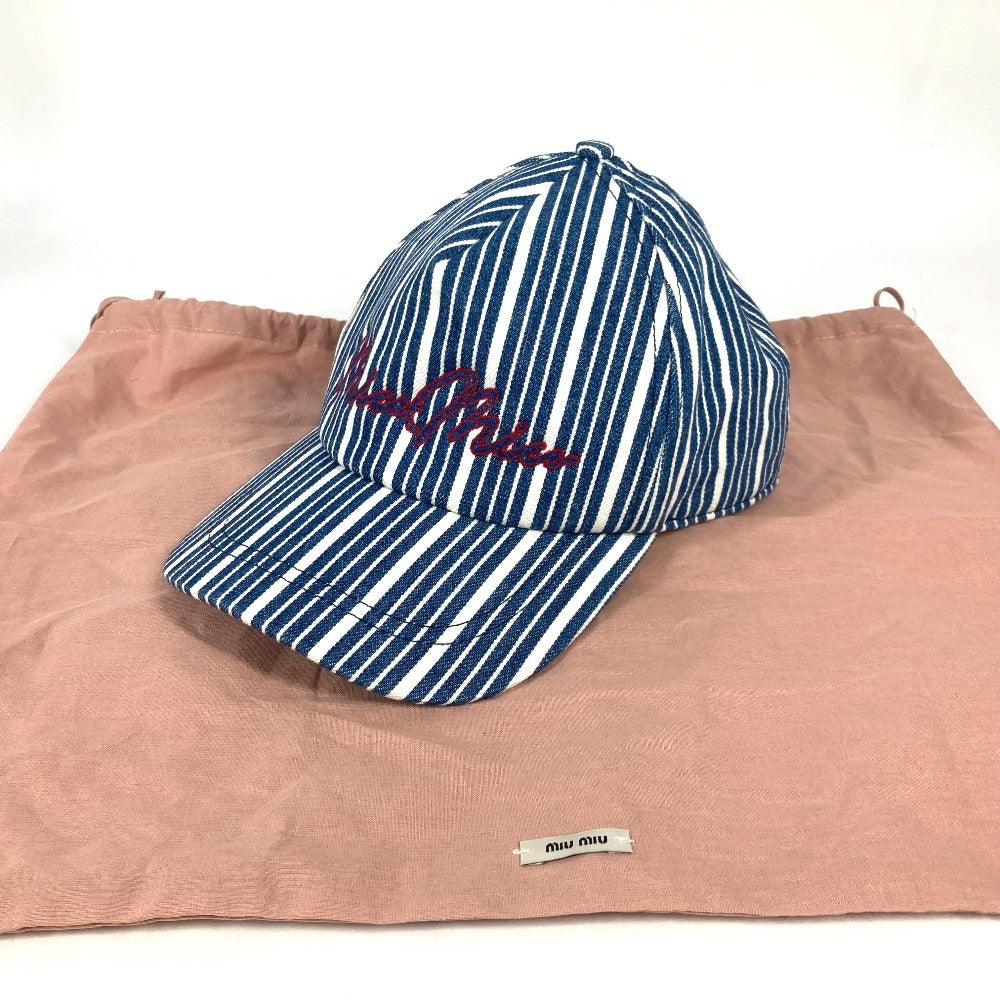 MIUMIU 5HC179 ロゴ ストライプ 帽子 キャップ帽 ベースボール キャップ コットン レディース ブルー - brandshop-reference