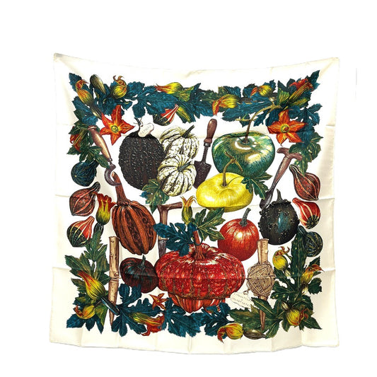 HERMES CITROUILLES&COLOQU IN TES カボチャとコロシント カレ90 スカーフ シルク レディース ホワイトベージュ ホワイト