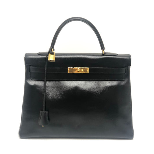 HERMES Kelly 35 Handbag in Black Box Calf Leather with Inner Stitching and Gold Hardware
